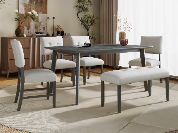 English Elm 6 Piece Dining Set with Rectangular Solid Wood Table, Upholstered Chairs & Bench, Rustic Charm, Easy Assembly, Seats 6 Gray N752S000015E