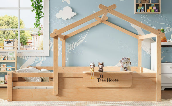 English Elm Queen House Shaped Kids Floor Bed Pine Wood Frame with Guardrails and Personalized Headboard Natural W1580P396335