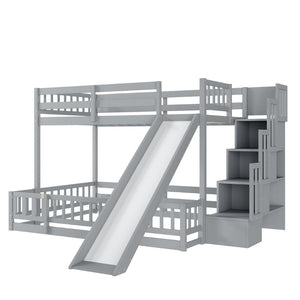 English Elm Twin Over Full Bunk Bed Solid Pine Frame with Built-in Slide and Storage Staircase Grey W504S00289
