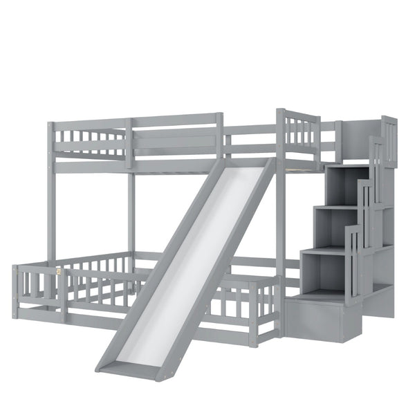 English Elm Twin Over Full Bunk Bed Solid Pine Frame with Built-in Slide and Storage Staircase Grey W504S00289