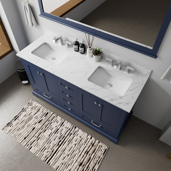 English Elm Navy Double Bath Vanity 60" W x 22" D with Carrara Marble Top, Chrome Faucets, 58" Mirror — Durable B2731S00983