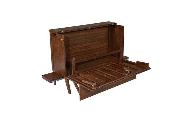 English Elm Queen Murphy Cabinet Bed Solid Pine Build with Usb Charging and Fold Out Desktop Walnut W504S00169