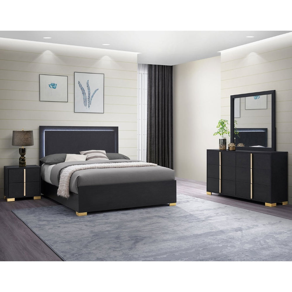 English Elm Mckee Queen Bedroom Set White Panel Bed Dresser Nightstand Mirror Four Piece Suite Black B062S01755