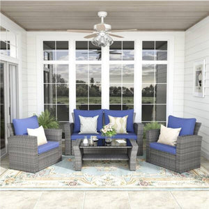 English Elm 4-piece Outdoor Wicker Conversation Set with Tempered Glass Table and Resort Style Blue+Brown B082S00057