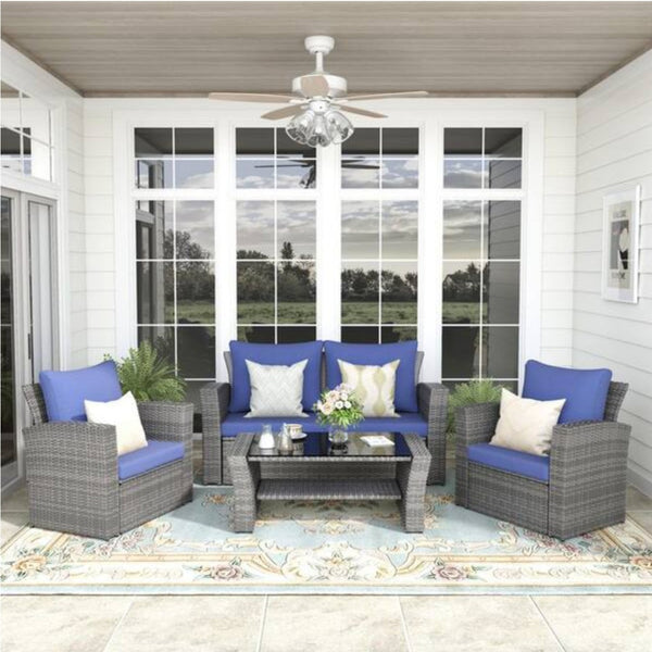 English Elm 4-piece Outdoor Wicker Conversation Set with Tempered Glass Table and Resort Style Blue+Brown B082S00057