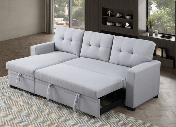 English Elm Tufted Linen Sectional Sleeper Sofa with Storage Ottoman and Reversible Chaise Gray B2730S00052