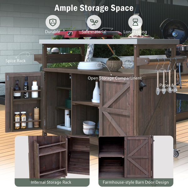 English Elm K&K Outdoor Kitchen Island Rolling Bar Cart with 1.2" Stainless Steel Top, Ample Storage, Wheels and Spice Rack Dark Brown WF532198AAZ