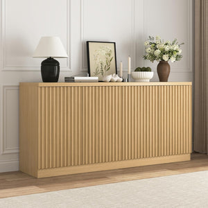 English Elm Buffet Credenza with Four Door Enclosed Shelving Natural Wood Finish Dining Hallway W409P327404