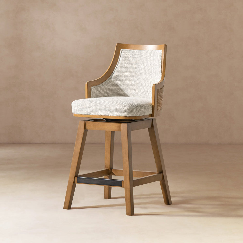 English Elm Jennifer Taylor Home - Bahama 26" Cane Rattan High-Back Swivel Counter Stool — Handmade Rubberwood, Two-Tone Gray Wool-Poly Blend, Brass Footrest B2719P395569