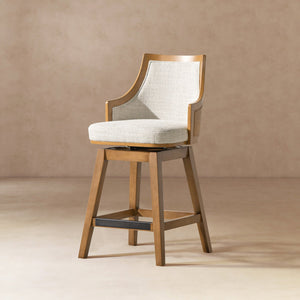 English Elm Jennifer Taylor Home - Bahama 26" Cane Rattan High-Back Swivel Counter Stool — Handmade Rubberwood, Two-Tone Gray Wool-Poly Blend, Brass Footrest B2719P395569