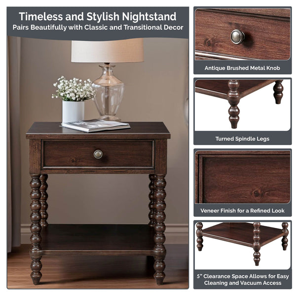 JLA Home Madison Park Signature - Turned Spindle Nightstand with Drawer & Shelf — Solid/Engineered Wood, Timeless Cottage-To-Transitional Look MPS136-0060