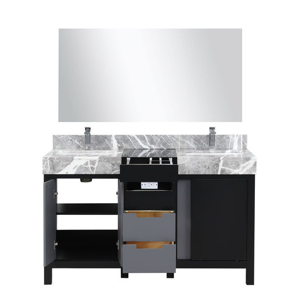 English Elm Black Double Bath Vanity 55" W With Castle Grey Marble Top, Chrome Faucet & 53" Mirror Included B2731S01028