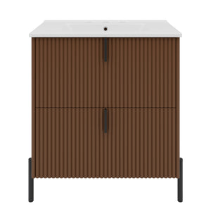 English Elm Christopher Knight Home® - 30" Elegant Freestanding Bathroom Vanity With Glossy Ceramic Sink, Soft-Close Drawers & Fluted Design N817P288931D