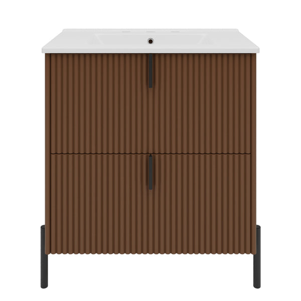 English Elm Christopher Knight Home® - 30" Elegant Freestanding Bathroom Vanity With Glossy Ceramic Sink, Soft-Close Drawers & Fluted Design N817P288931D