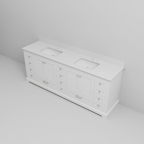 English Elm White Double Bath Vanity 84 in W x 22 in D with White Quartz Top — Solid Wood, Soft-Close, 14 Drawers, Spacious Storage B2731P258294