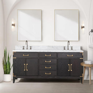 English Elm Black Oak Double Bath Vanity With 72" Carrara Marble Top, Faucet Set & Soft-Close Drawers Included B2731P260952