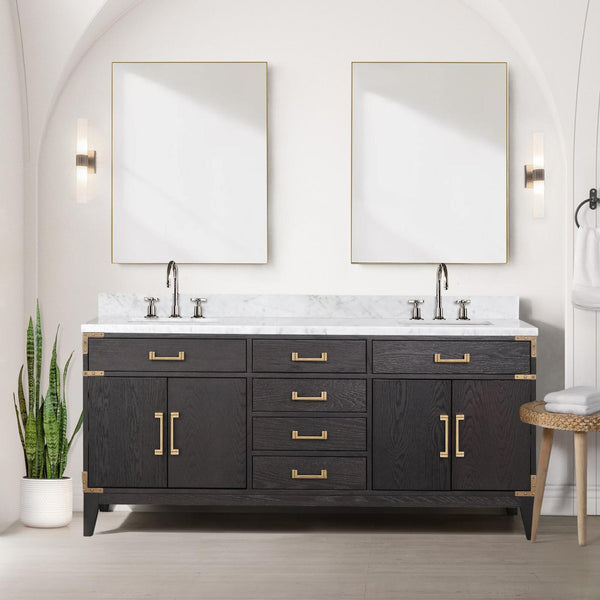 English Elm Black Oak Double Bath Vanity With 72" Carrara Marble Top, Faucet Set & Soft-Close Drawers Included B2731P260952
