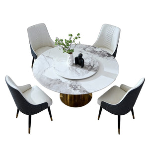 English Elm 59" Round Sintered Stone Dining Table with Lazy Susan Minimalist Base Seats 8 W2699S00097