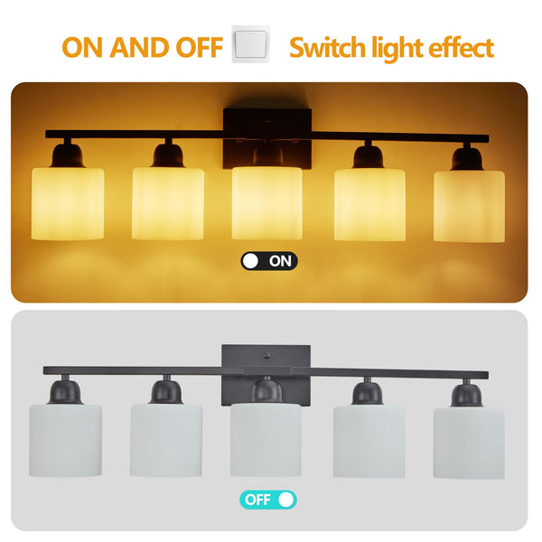 English Elm Black 5-Light Modern Vanity Light Fixture For Bathroom, Stylish Wall Sconces With Frosted Glass Shades W2312P374847