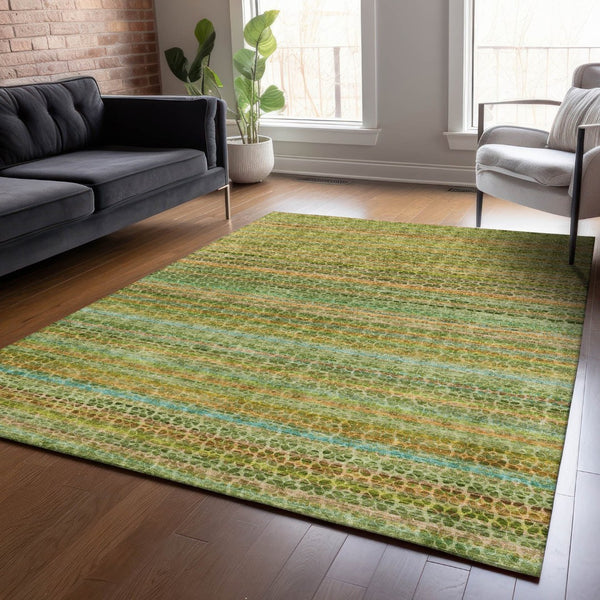 HomeRoots 9' X 12' Washable Coastal Striped Area Rug in Green, Copper & Teal – Indoor/Outdoor Versatility! 637336