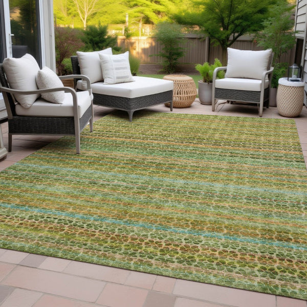 HomeRoots 9' X 12' Washable Coastal Striped Area Rug in Green, Copper & Teal – Indoor/Outdoor Versatility! 637336
