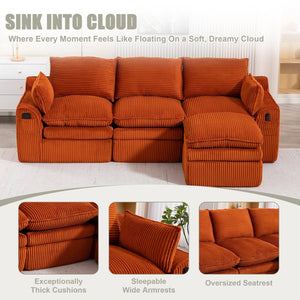 English Elm L Shaped Corduroy Modular Sectional with Cloud Cushions Footstool and Lumbar Pillows Orange W395S00137