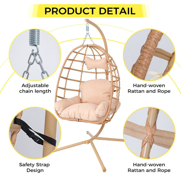 English Elm Egg Hanging Chair with Stand Pe Rattan Swing Seat Washable Cushion 350lb Capacity T5880P497433