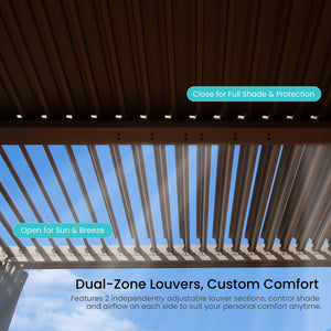 English Elm 10x10 Adjustable Louvered Pergola with Dual Tilt Roof, Integrated Gutter, Durable Aluminum Frame Brown W1859S00127