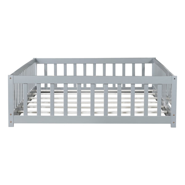 English Elm Twin Solid Rubberwood Floor Bed with Full Perimeter Safety Rails for Toddler Rooms Grey W504P296784