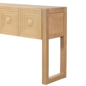 English Elm [video] Art Deco Console Table Geometric Carved Fronts Fluted Legs 3 Soft-close Drawers Light Brown N759P433572T