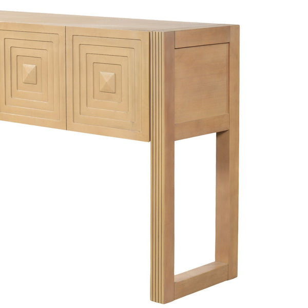 English Elm [video] Art Deco Console Table Geometric Carved Fronts Fluted Legs 3 Soft-close Drawers Light Brown N759P433572T
