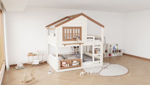 English Elm Full Bunk Bed with Trundle Bookshelf Storage Pine Frame Car Design for Kids Beige W1580S00523