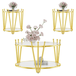 English Elm 31.5inch Modern Luxury Gold Coffee Table with Two-Tier Storage, Tempered Glass Top, Elegant Crown Design Clear W1550P171448