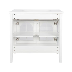 English Elm 35.6" Freestanding Bathroom Vanity with Roman Column Base and Ceramic Integrated Sink White W1801S00001