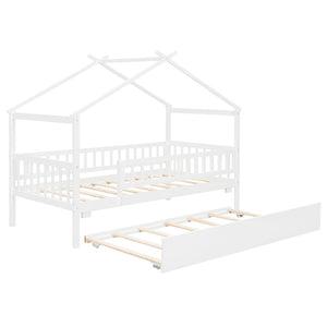 English Elm Twin House Bed with Trundle Solid Pine Frame Walnut Kids Bedroom Sleepover N708P357115K