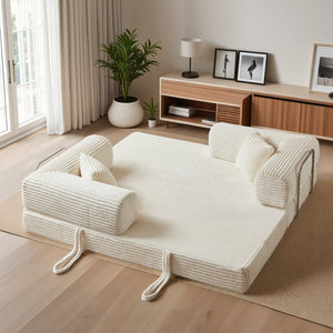 English Elm Compression Foldable Floor Sofa Bed Corduroy Futon with Foam Support for Small Spaces Beige W3716P379182
