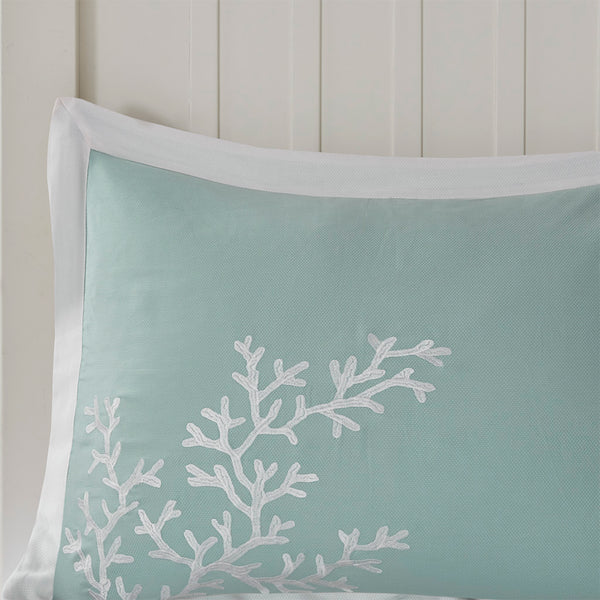 JLA Home Harbor House Blue - Duvet Harbor House Aqua Coral Embroidered Cotton Jacquard Set with White Pieced Border, Ties 90 L x 90 W x 0.13H HH12-1542