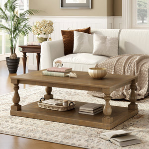 English Elm U_Style Vintage Coffee Table With Artistic Vase Legs & Luxurious Pine Veneer For Timeless Elegance N711P256967D-GIGA
