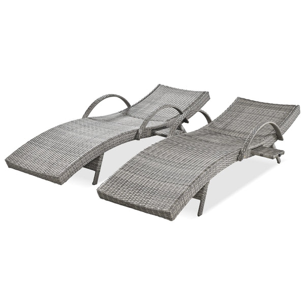 English Elm K&K 80" Outdoor Wicker Chaise Lounge Set of 2 with 2000H UV Wicker, Pull-Out Side Table, 4-Position Recliner Grey WF321204AAE