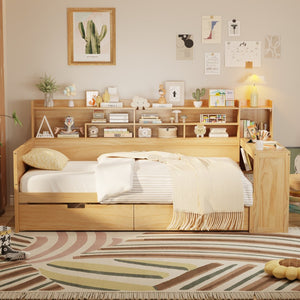 English Elm Wooden Twin Daybed with Trundle Built-in Desk and Open Shelves for Kids Rooms N733S373381M