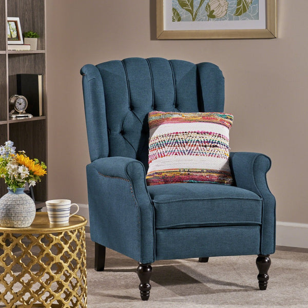 English Elm Charcoal Wingback Pushback Recliner with Button Tufted Diamond Fabric Upholstery Dark Blue N763P410529C