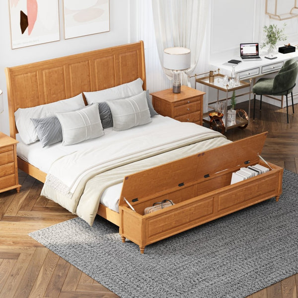 English Elm Queen Sleigh Bed Solid Rubberwood Walnut Finish Curved Headboard Footboard Storage Bench Natural W1716S00037