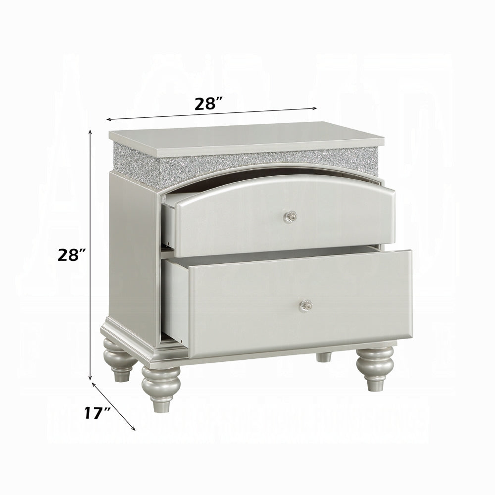 English Elm Platinum Glam Nightstand with 2 Drawers, Rhinestone Inlay, Arched Top Drawer & Bun Legs, 28" W B2741P322566