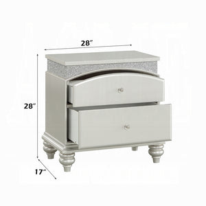 English Elm Platinum Glam Nightstand with 2 Drawers, Rhinestone Inlay, Arched Top Drawer & Bun Legs, 28" W B2741P322566