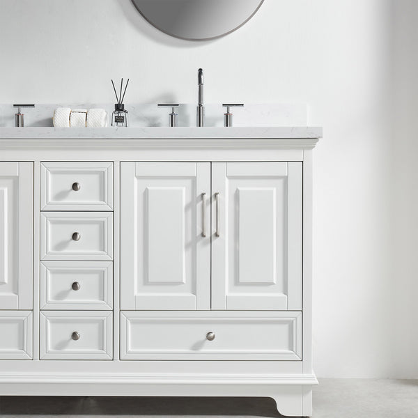 English Elm Fully 60'' Freestanding Double Bathroom Vanity with Solid Wood Base and Carrara Engineered Marble Top White W1826P382807