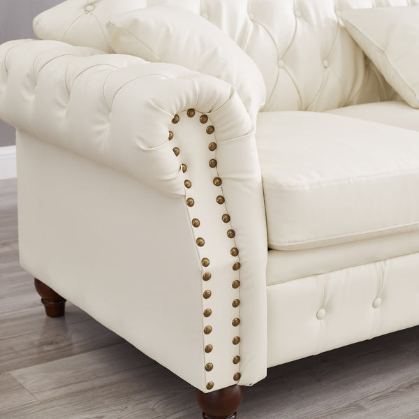 English Elm 85.8" Living Room Chesterfield Sofa with Storage Classic Tufted PU Upholstery Solid Wood Frame, 3-Seater Comfort Ivory White W1097S00150