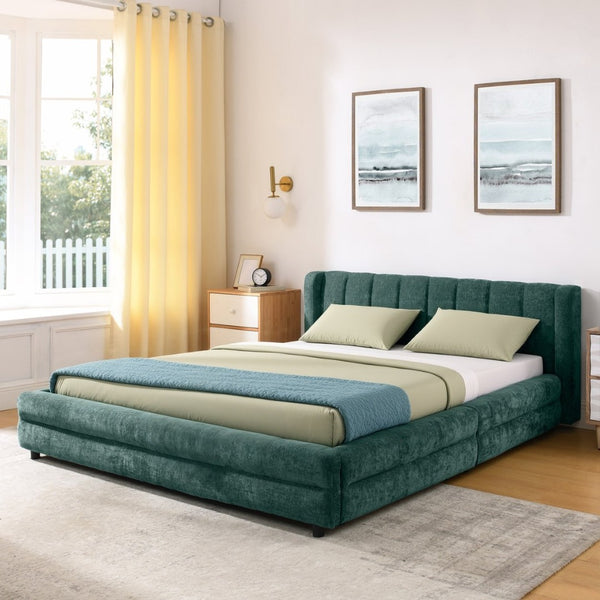 English Elm Queen Chenille Upholstered Storage Bed Wingback Headboard Platform Frame Bedroom Blue+Green W487S00419