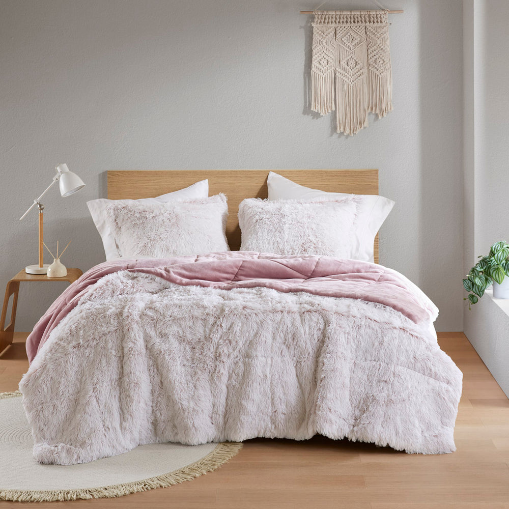 Intelligent Design Malea Glam/Luxury Shaggy Faux Fur Comforter Mini Set ID10-2440 Pink/White