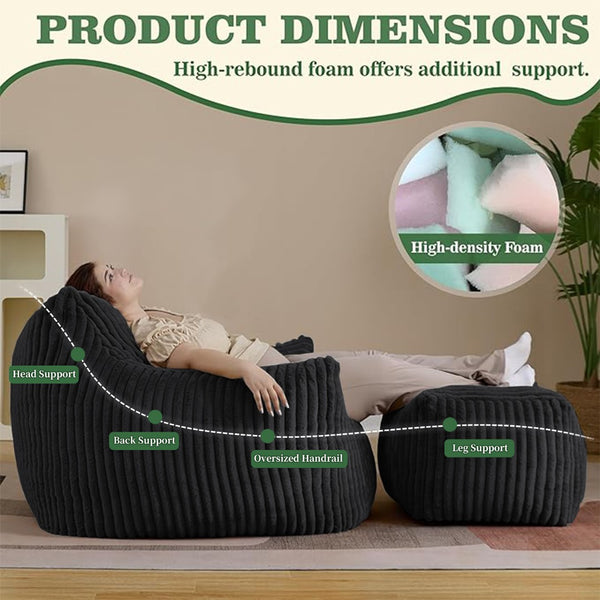 English Elm Curved Corduroy Suede Lounger with Ottoman Ergonomic Support for Modern Small Spaces Black W3737P423669