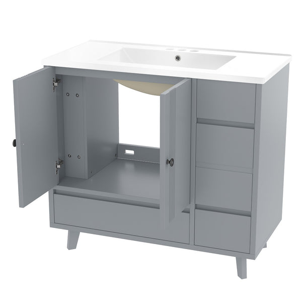 English Elm 36" Freestanding Bathroom Vanity Solid Wood Cabinet Ceramic Basin Four Drawers White W1580P382509